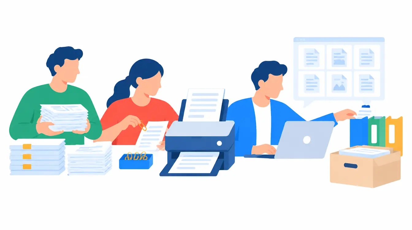 紙書類を仕分け、スキャンし、デジタルデータとして整理する業務のイメージイラスト